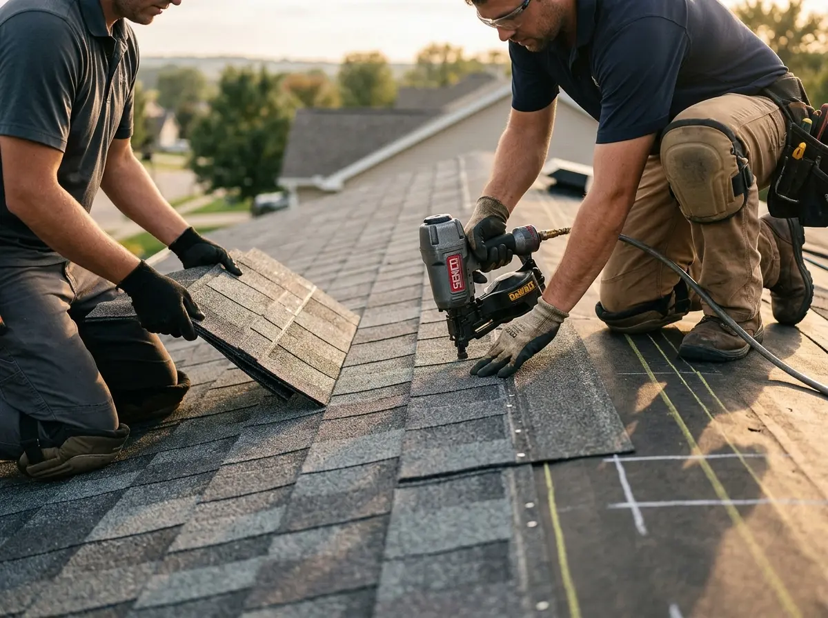 Professional roofer working on a residential roof in Parlier